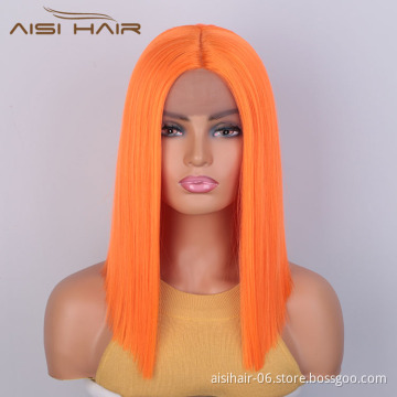Aisi Hair Medium Long 16 Inch Cosplay Orange Wig Swiss Lace Wig Silky Straight Synthetic Lace Frontal Hair Wigs For Black Women